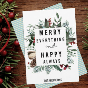 Modern Green Foliage Fun Script Magnolia Floral Holiday Card