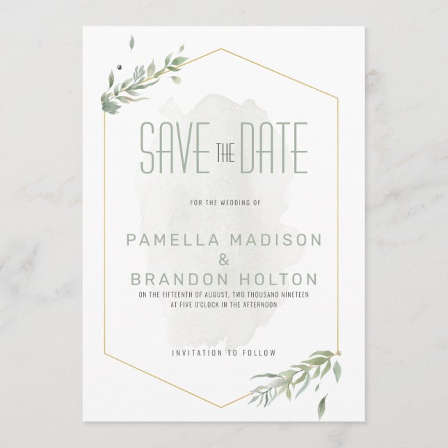 Modern Green Foliage & Gold Frame Save the date Menu (Front)