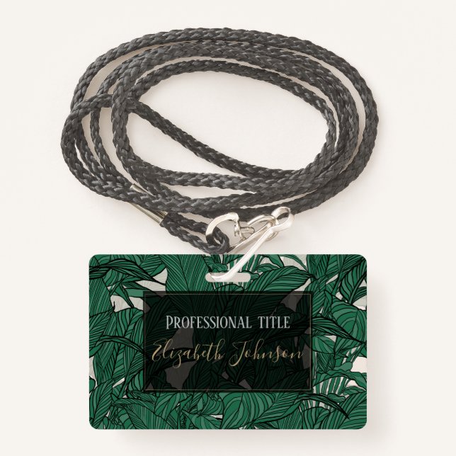 Modern Green foliage plant Botanical design Badge (Front with Lanyard)