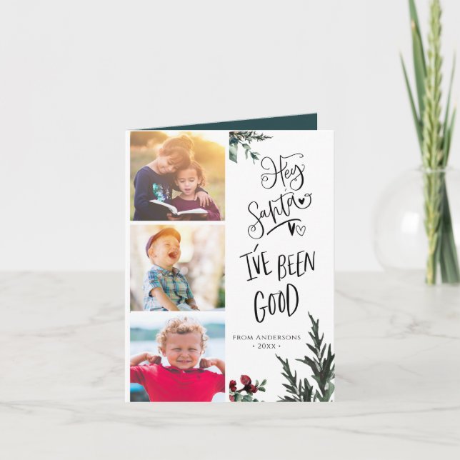 Modern Green Fun Script Hey Santa Pine Bough Photo Holiday Card (Front)