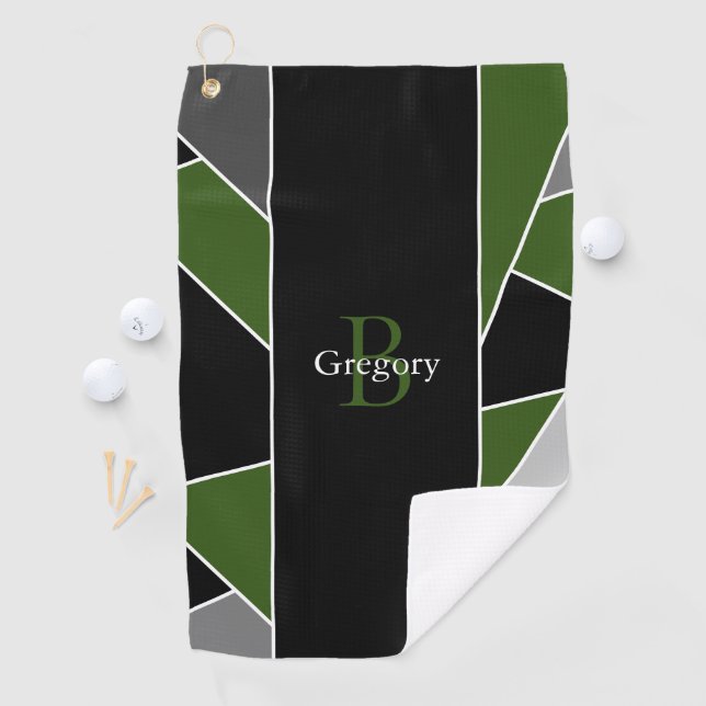 Modern Green Geometric Abstract Monogram Name Golf Towel (InSitu)