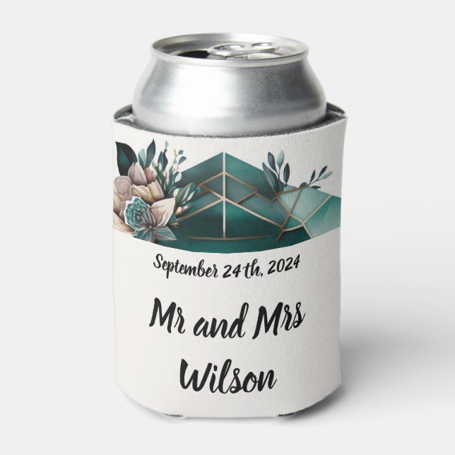 Modern Green Geometric Design Pink Flower Can Cooler (Can Front)
