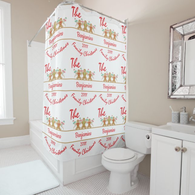 Modern green gingerbread man family Christmas Shower Curtain (In Situ)