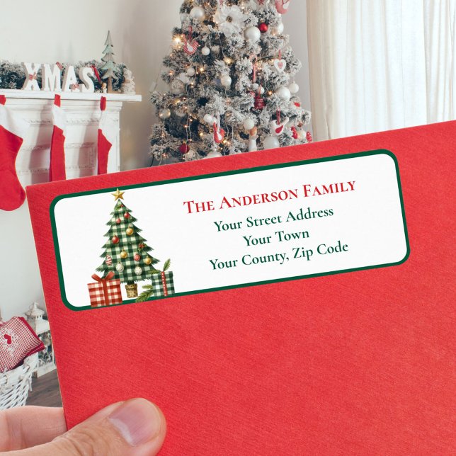 Modern Green Gingham Christmas Tree Ornaments Name Label (Creator Uploaded)