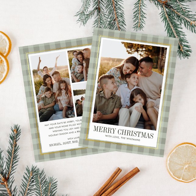 Modern Green Gingham Merry Christmas Family Photo Holiday Card (Creator Uploaded)