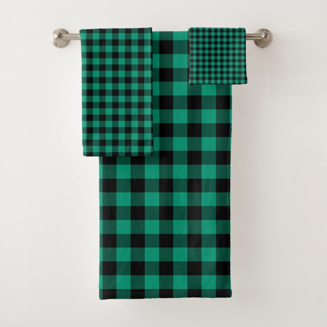 Modern Green Gingham Pattern Bath Towel Set (Insitu)