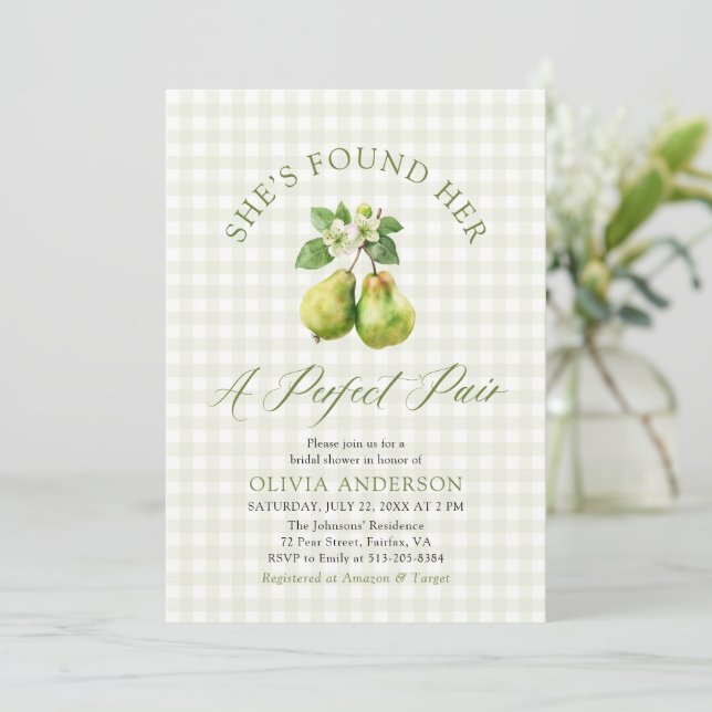 Modern Green Gingham Perfect Pair Bridal Shower Invitation (Standing Front)