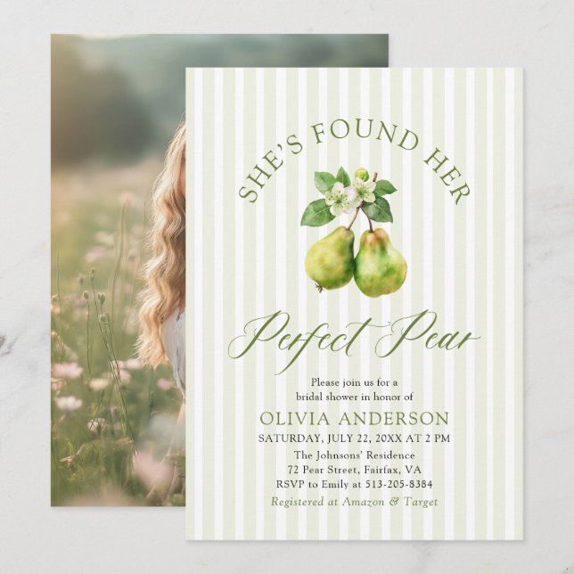 Modern Green Gingham Perfect Pear Bridal Shower Invitation (Front/Back)
