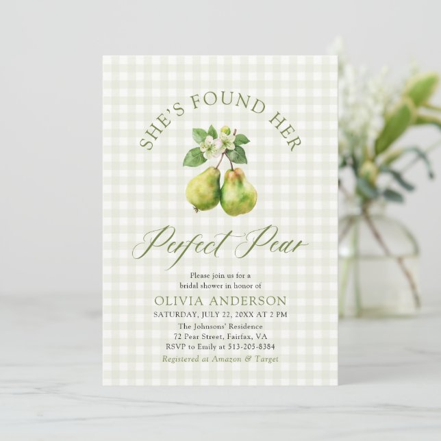 Modern Green Gingham Perfect Pear Bridal Shower Invitation (Standing Front)