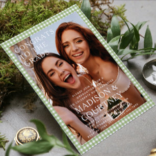 Modern Green Gingham Photo Graduation Party Invitation
