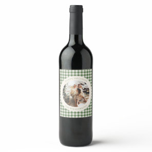 Modern Green Gingham Plaid Custom Photo Christmas Wine Label