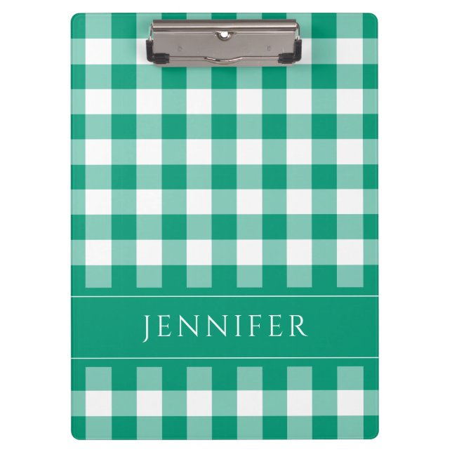 Modern Green Gingham Plaid Name Clipboard (Front)