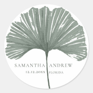 Modern Green Ginkgo Monogram Wedding Classic Round Sticker