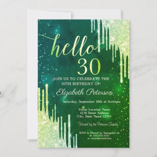 Modern Green Glitter Drips Green 30th Birthday Invitation