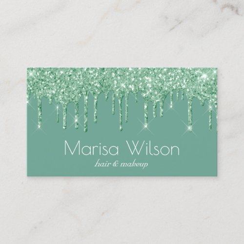 Modern green glitter drips hair and makeup business card