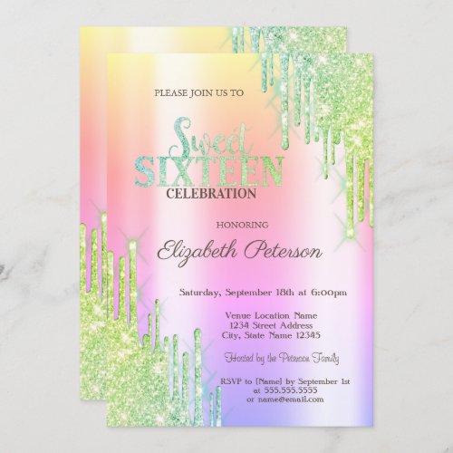 Modern Green Glitter Drips Ombre Sweet 16 Invitation