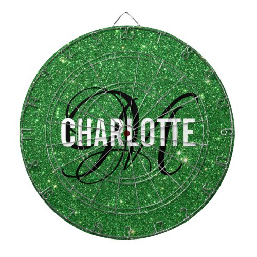 Modern green glitter monogram name dart board