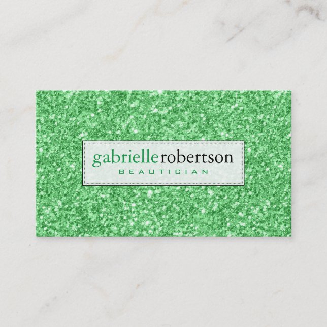 Modern Green Glitter Texture Print Beautician Business Card (Front)