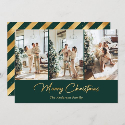 Modern Green Gold 3 Photo Merry Christmas Holiday Card