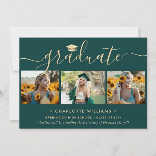 Modern Green Gold 4 Photo Graduation Announcement