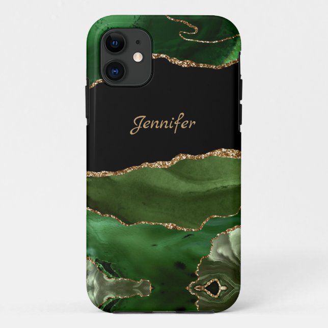 Modern Green Gold Agate Crystal Personalize Case-Mate iPhone Case (Back)