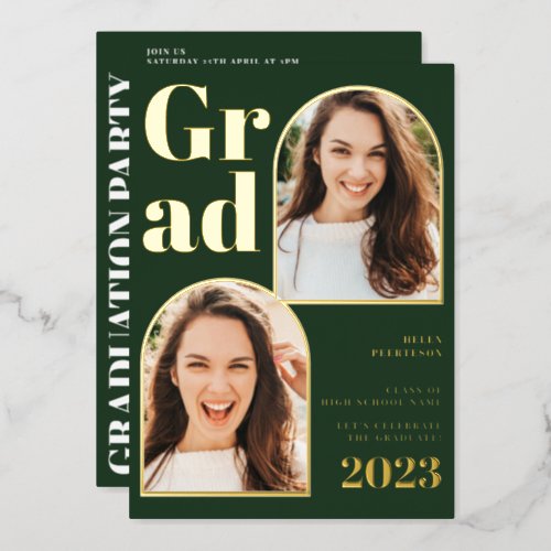 Modern green gold arch 3 photos graduation foil invitation