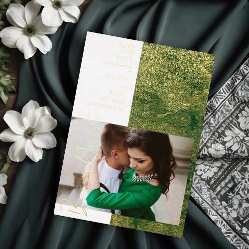 Modern Green Gold Be Our Guest Photo Couple Foil Invitation