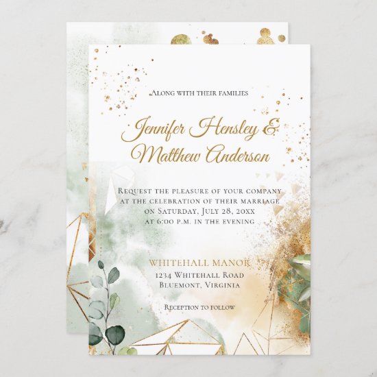 Modern Green Gold Botanical Geometric Wedding Invitation
