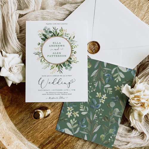 Modern Green Gold Botanical Greenery Wedding Invitation