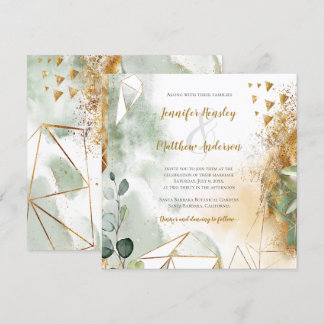 Modern Green Gold Botanical Square | Invitation