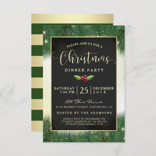 Modern Green & Gold Christmas Dinner Party Invites - Send elegant, atmospheric Christmas party invitations for your dinner party celebration this year with these easy to personalize / customize invites. The semi-transparent black overlay has a golden border over a background of sprigs of fir and sparkling snowfall. The background comprises elegant alternating horizontal stripes of green and gold. Zazzle has lots of different fonts and font colors to chose from. Please note the all Zazzle products are digitally flat printed.