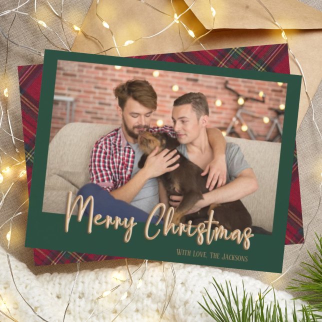 Modern Green & Gold Christmas Tartan Plaid Photo Holiday Card (Creator Uploaded)