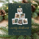 Modern Green Gold Christmas Tree Photo Collage Holiday Card<br><div class="desc">Personalized Christmas cards featuring a Christmas tree shaped photo collage with 6 pictures alongside elegant minimalist typography in gold color on green background. Reverse side features your custom holiday message to friends and family with one square photo.</div>