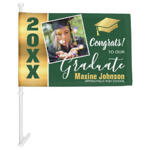 Modern Green & Gold Class of 2026 Photo Graduation Car Flag
