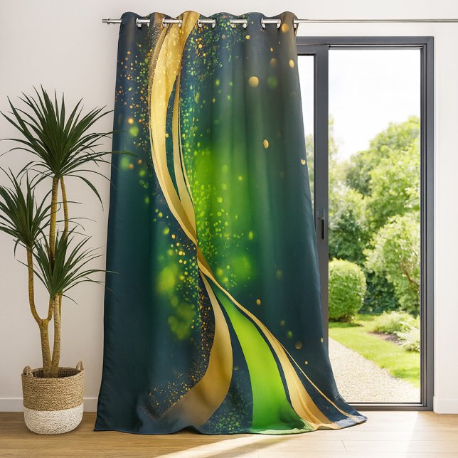 Modern Green Gold Elegant Design Blackout Curtains (Elegant curtains featuring a modern abstract green and gold design with light sparkles.)