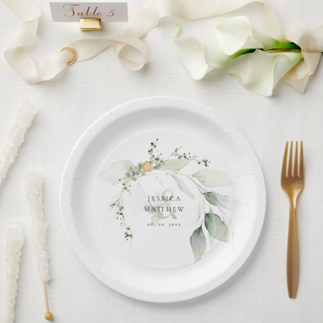 Modern Green & Gold Eucalyptus  Paper Plates (Wedding)