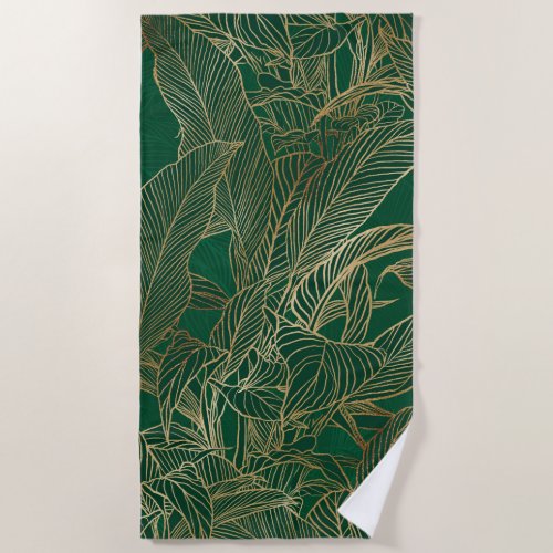 Modern Green Gold Foliage Plant Botanical Design Beach Towel