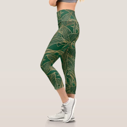 Modern Green Gold Foliage Plant Botanical Design Capri Leggings