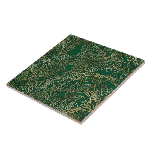 Modern Green Gold Foliage Plant Botanical Design Ceramic Tile