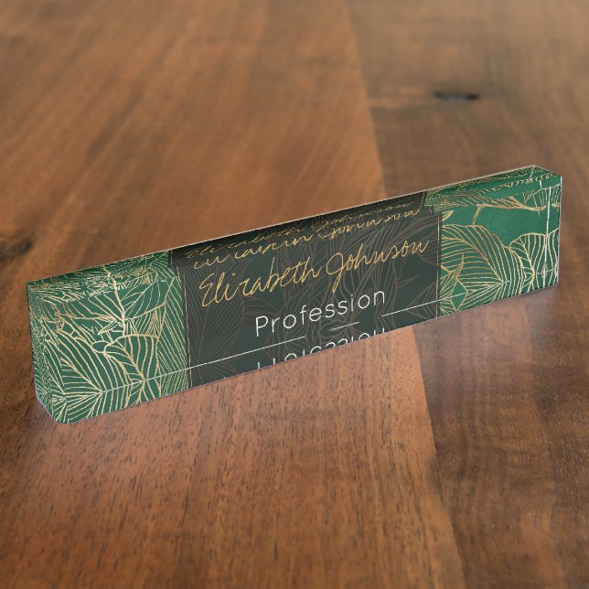Modern Green Gold Foliage Plant Botanical Design Desk Name Plate (Side)