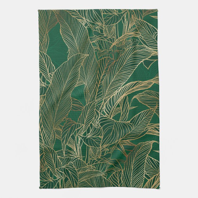 Modern Green Gold Foliage Plant Botanical Design Kitchen Towel (Vertical)