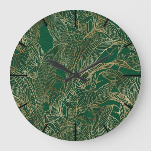 Modern Green Gold Foliage Plant Botanical Design Large Clock