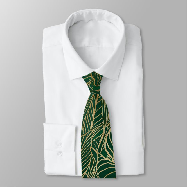 Modern Green Gold Foliage Plant Botanical Design Neck Tie (Tied)