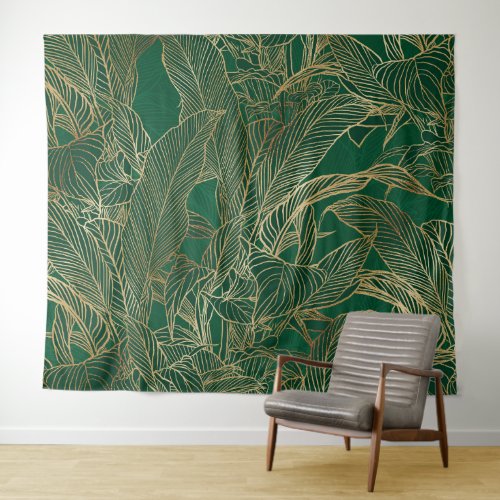 Modern Green Gold Foliage Plant Botanical Design Tapestry