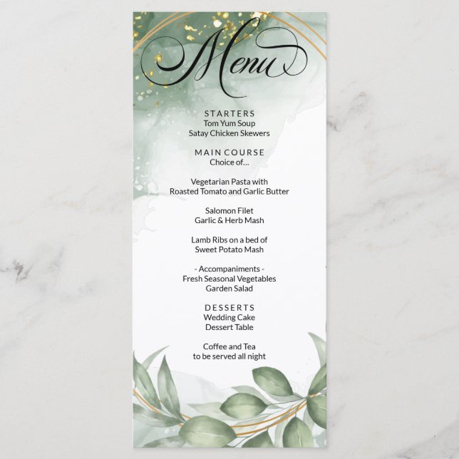 Modern Green Gold Frame Foliage Wedding Menu (Front)