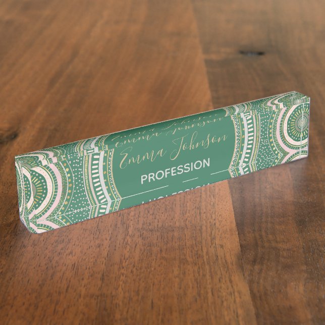 Modern Green Gold Geometric Mandala Desk Name Plate (Side)