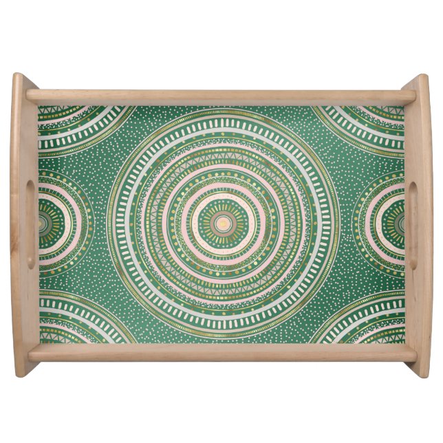 Modern Green Gold Geometric Mandala Serving Tray (Front)