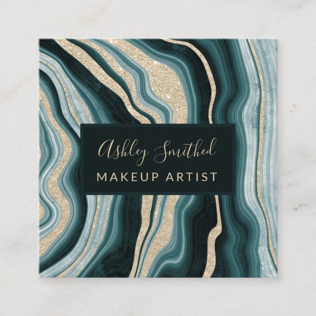 modern green gold glitter agate chic makeup square business card (Front)