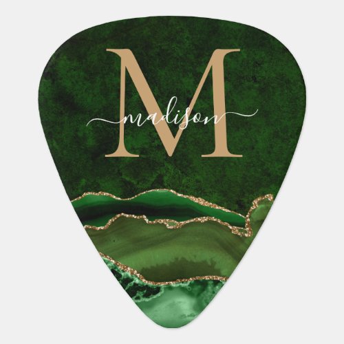 Modern Green Gold Glitter Agate Geode Monogram Guitar Pick