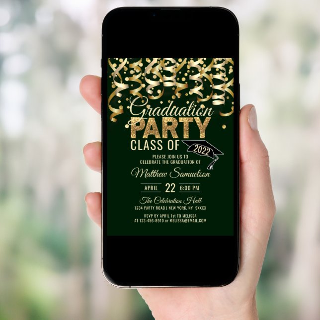 Modern Green Gold Glitter GRADUATION Party Invitation (Front Digital)